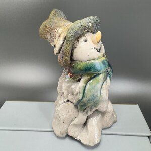 Vintage Hand Made Raku Pottery Snowman Figurine Iridescent Finish Glaze Figure